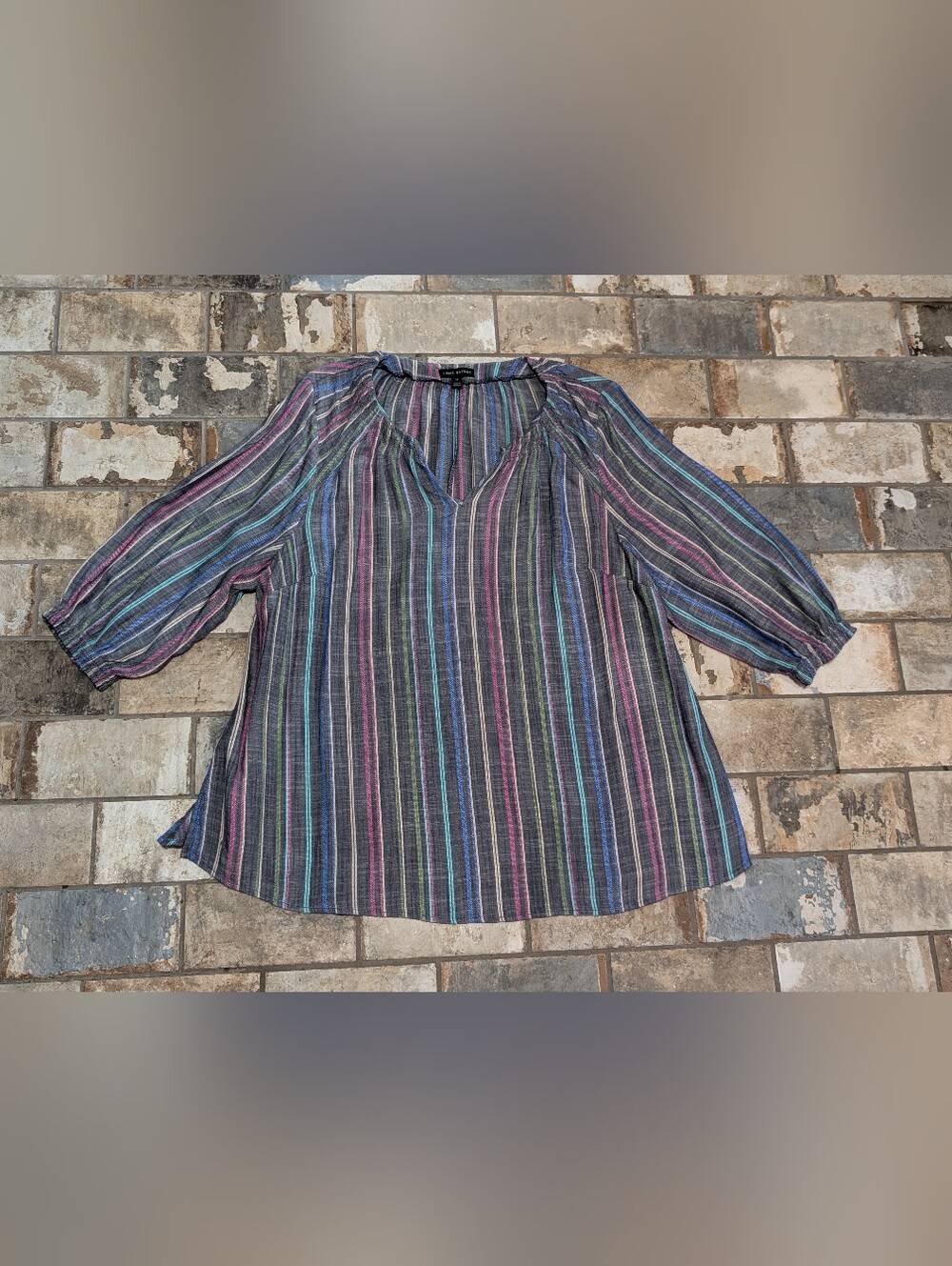Lane Bryant Dark Gray Multicolor Striped Boho Peasant Blouse - Women's Size 16